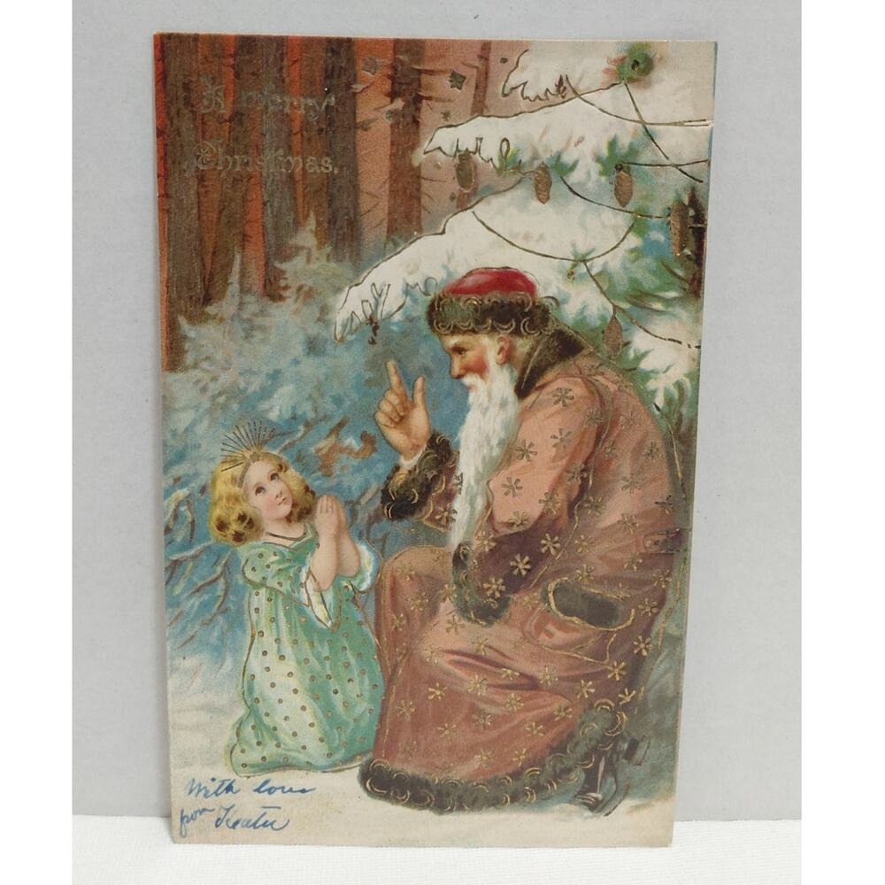 Antique Christmas Postcard Santa Claus Dressed in Brown Child Praying Undivided